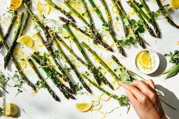 Obraz Grilled Asparagus With Lemon. Grilled asparagus dish garnished with lemon wedges and zest, a vibrant and fresh presentation.