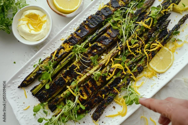 Obraz Grilled Asparagus with Lemon and Greens. Grilled asparagus with lemon slices and microgreens, beautifully presented on a white platter, culinary delight.
