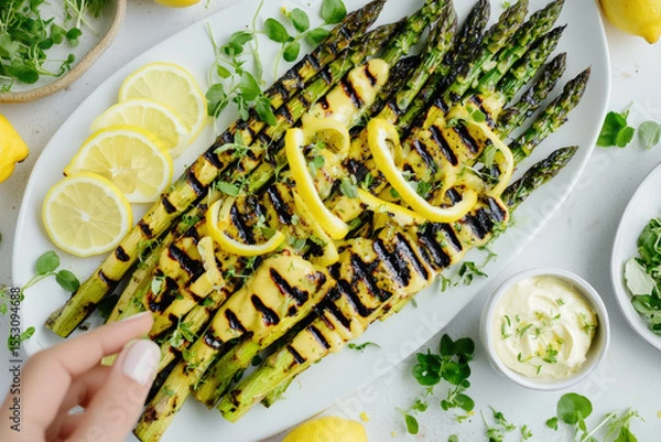 Obraz Grilled Asparagus with Lemon. Grilled asparagus with lemon slices and a creamy sauce, a healthy and appetizing meal.
