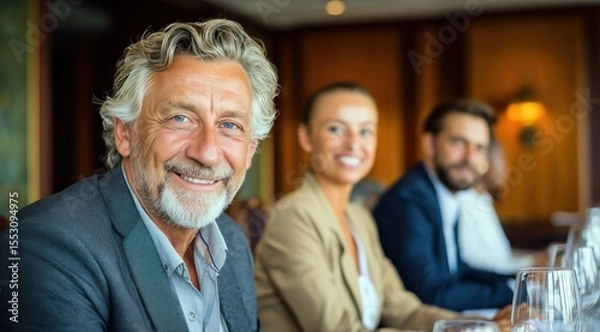 Fototapeta Des hommes d'affaires et femmes d'affaires souriants, assis à une table dans une salle de conférence ou une réunion de travail