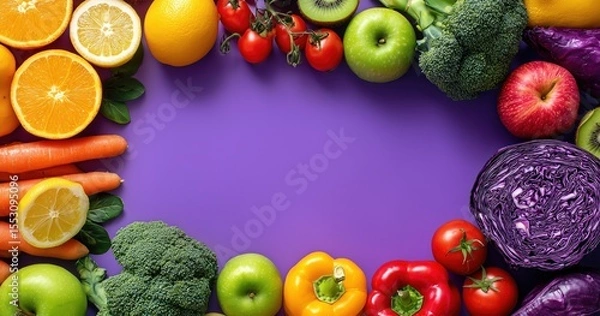Fototapeta Un étalage vibrant et coloré de fruits et légumes frais, avec oranges, citrons, pommes, kiwis, brocolis, carottes, chou rouge, poivrons et tomates, sur fond violet, concept d'une alimentation saine.