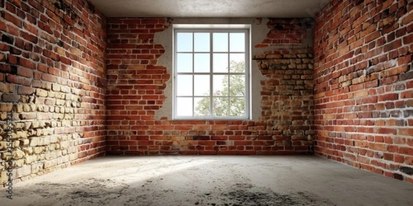 Fototapeta Intérieur d'une pièce vide avec fenêtre et des murs en briques rouges, concept d'aménagement ou de présentation d'un espace de vie dans une maison ancienne.