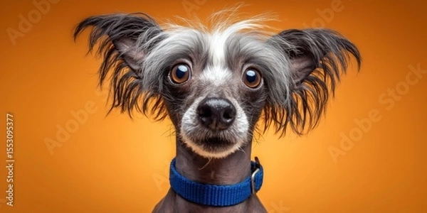 Fototapeta Portrait d'un adorable chien chinois à crête aux grands yeux expressifs, portant un collier bleu sur fond orange, regardant droit vers l'objectif.