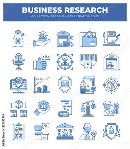 Fototapeta Collection of 25 Business Research Icons.  Visualizing Market Trends. Data Analysis. and Strategic Growth