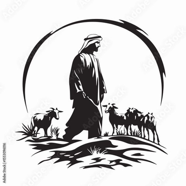 Obraz Middle Eastern Man Herding Goats in a Desert Landscape Vector