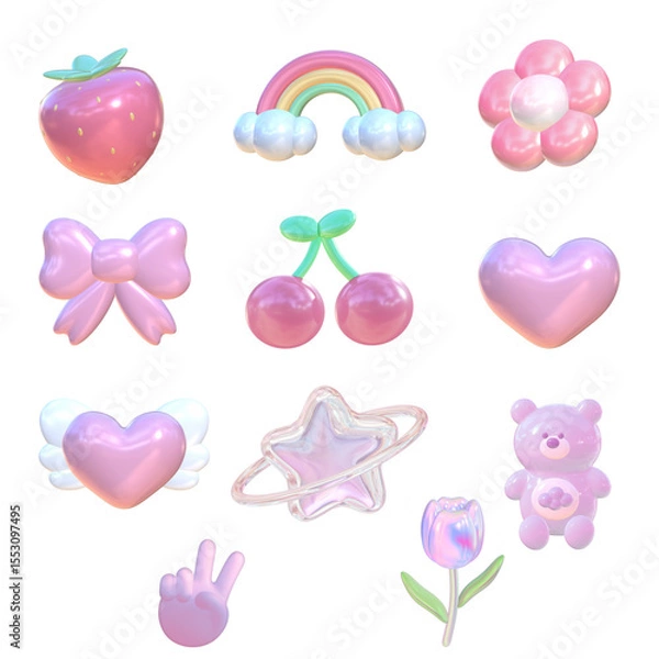 Obraz set of pink cute 3d elements 