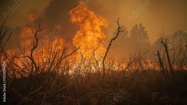 Fototapeta A dramatic scene of a forest fire, with flames engulfing trees against a smoky, orange sky, depicting destruction and environmental impact.