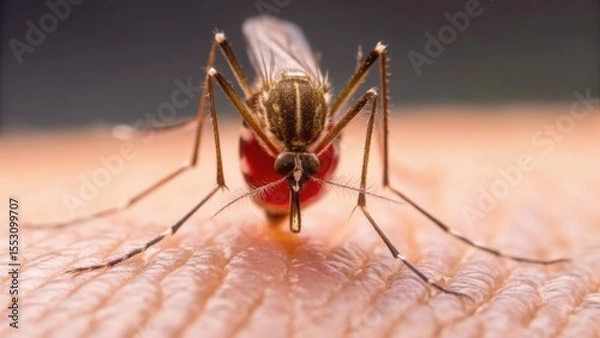 Fototapeta A close-up view of a mosquito feeding on skin, highlighting its intricate features and the blood-filled abdomen.