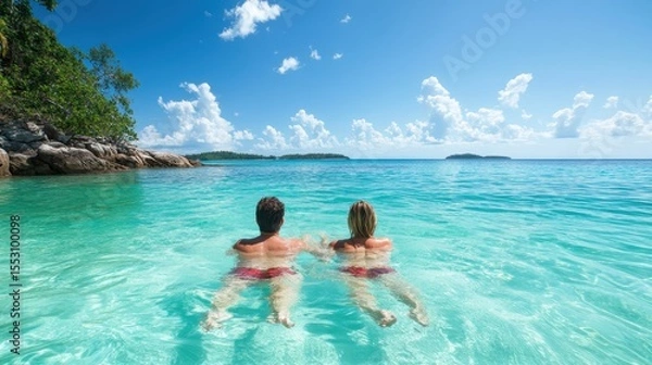 Fototapeta A serene moment captured of two people wading in crystal clear tropical waters, epitomizing relaxation and the joy of oceanic adventures under a perfect blue sky.