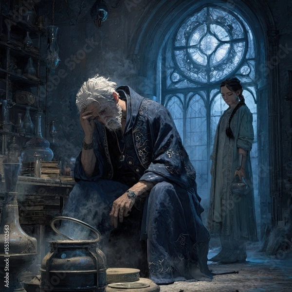 Obraz An elderly mage's apprentice stands behind her elderly teacher at night in a castle generated by AI	
