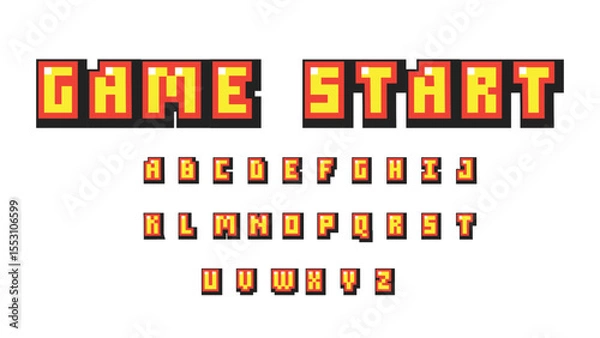 Fototapeta Pixel video game 8 bit font.Set of retro style latin capital letters and numbers. Vector illustration font.