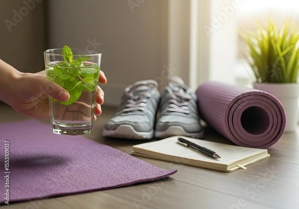 Fototapeta Hydration and Fitness Refreshing Start to Your Wellness Journey with Water and Exercise