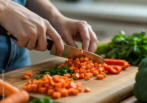 Fototapeta Mastering the Art of Vegetable Chopping A Guide to Perfect Diced Carrots, Peppers, and Onions for Culinary Success