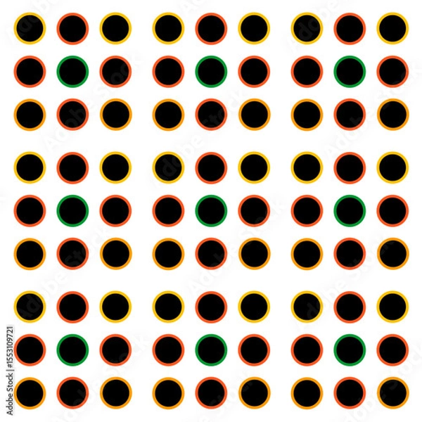 Fototapeta Modern and minimalist seamless pattern of black circles outlined in bright red, yellow and green. Ideal for backgrounds, textiles, packaging or other graphic design projects.