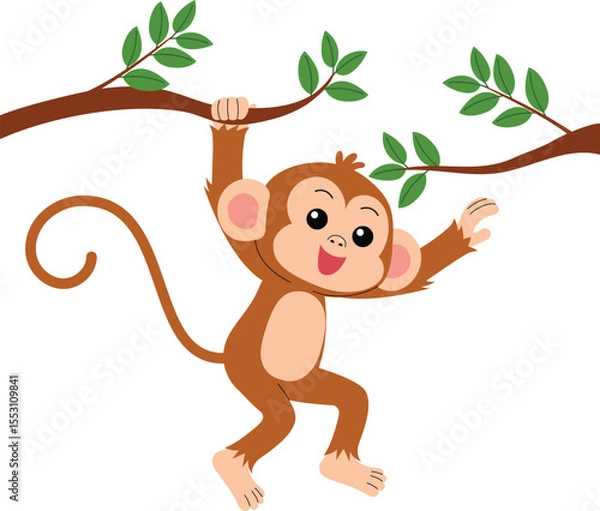Obraz playful monkey hanging on  tree branch and try to grab other one, funny monkey cartoon character illustration