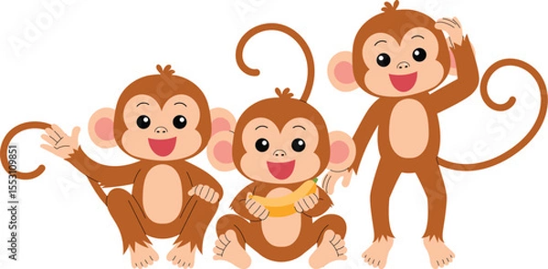 Obraz group of playful monkey, funny monkey cartoon character illustration