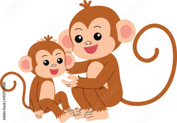 Obraz cute mother monkey sit with baby monkey, funny monkey cartoon character illustration