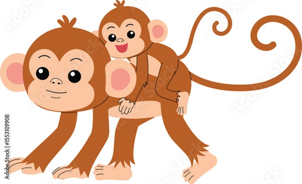 Obraz cute mother monkey with baby monkey holding mother monkey's back, funny monkey cartoon character illustration