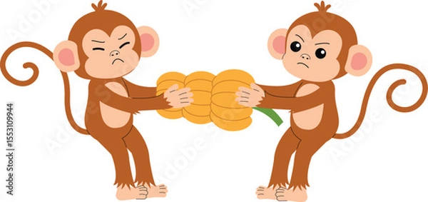 Obraz cute monkey pull back and forth with friend, funny monkey cartoon character illustration
