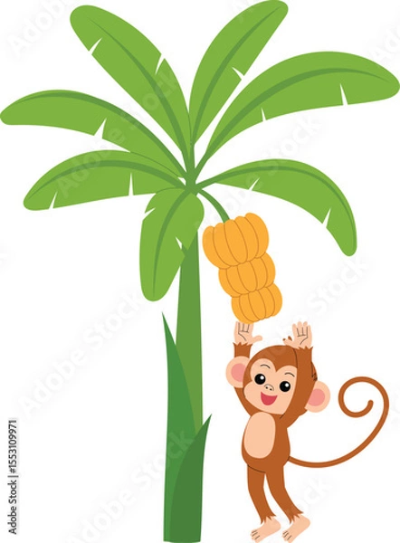 Obraz playful monkey try to picking up banana, funny monkey cartoon character illustration