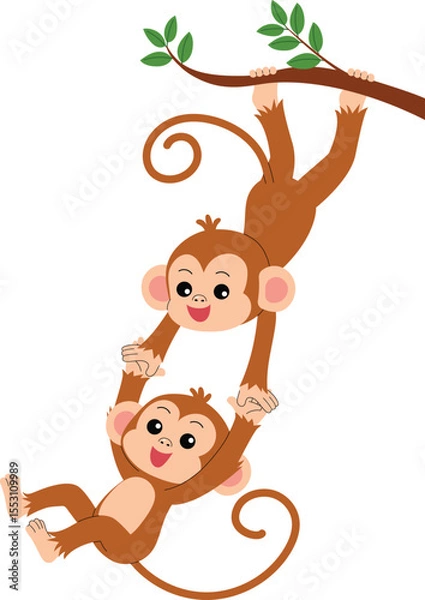 Obraz playful monkey holding branch with feet and play with friend, funny monkey cartoon character illustration