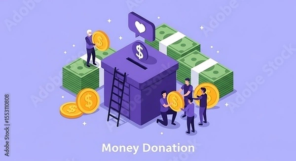 Fototapeta Gleaming golden coins cascade into a deep violet donation box surrounded by generous figures against a pastel backdrop