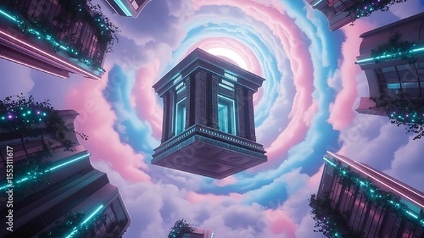 Fototapeta a surreal dreamscape blending futuristic neon cityscapes with floating ancient temples, illuminated by bioluminescent flora under a pastel sky.