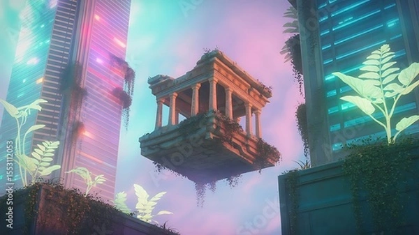 Fototapeta a surreal dreamscape blending futuristic neon cityscapes with floating ancient temples, illuminated by bioluminescent flora under a pastel sky.