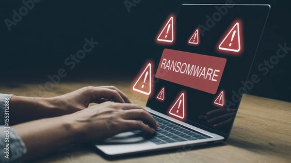 Fototapeta A laptop screen shows a warning about ransomware. Concept of danger and urgency