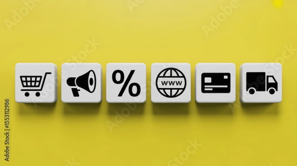Fototapeta A yellow background with a white cube that says "shopping" on it. There are other cubes with different symbols on them, such as a truck, a credit card, and a website
