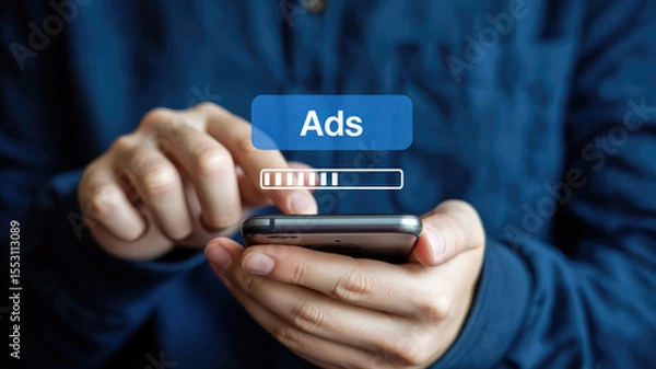 Fototapeta A person is using a cell phone to access ads. Concept of technology and the role it plays in our daily lives. Scene is somewhat serious, as the person is focused on the task at hand