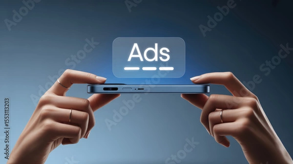 Fototapeta A person is using a cell phone to access ads. Concept of technology and the role it plays in our daily lives. Scene is somewhat serious, as the person is focused on the task at hand