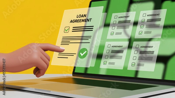 Fototapeta A person is pointing at a laptop screen that displays a loan agreement. Concept of financial responsibility and the importance of understanding the terms of a loan agreement