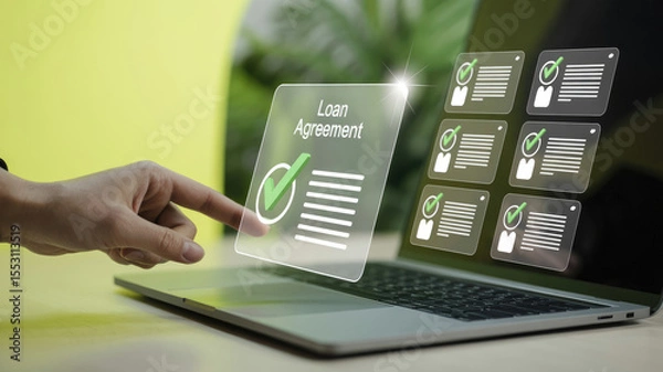 Fototapeta A person is pointing at a laptop screen that displays a loan agreement. Concept of financial responsibility and the importance of understanding the terms of a loan agreement