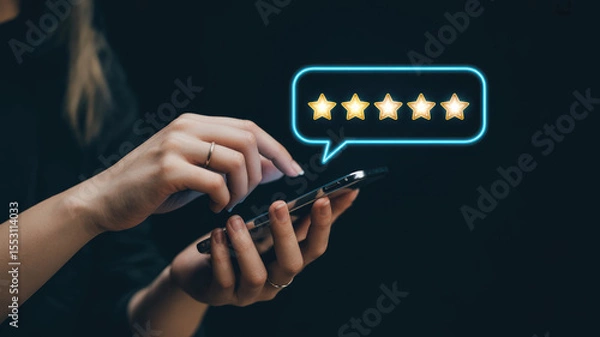 Fototapeta A woman is holding a cell phone with a star rating app on it. She is giving a thumbs up to the app