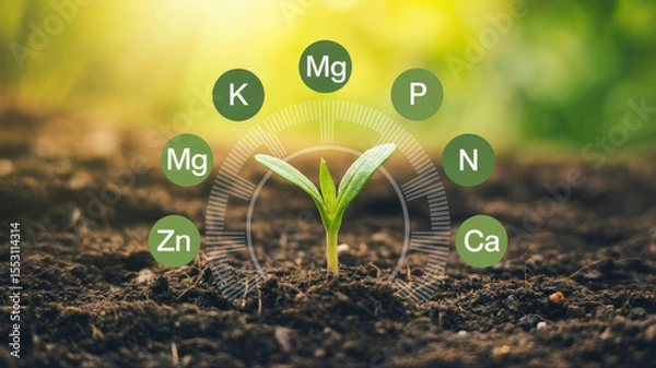Fototapeta A plant is surrounded by a circle of minerals and vitamins. The circle is divided into sections, each of which contains a different mineral or vitamin