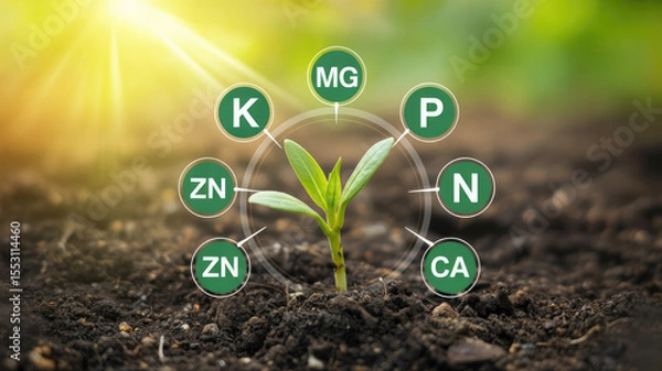 Fototapeta A plant is surrounded by a circle of minerals and vitamins. The circle is divided into sections, each of which contains a different mineral or vitamin