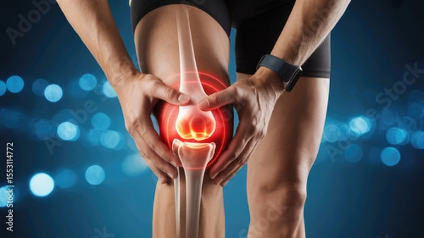 Fototapeta A man is holding his knee in pain, with a red and white knee brace. Concept of discomfort and vulnerability, as the man is in a vulnerable position, unable to move his knee without assistance