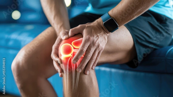 Fototapeta A man is holding his knee in pain, with a red and white knee brace. Concept of discomfort and vulnerability, as the man is in a vulnerable position, unable to move his knee without assistance