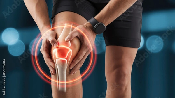 Fototapeta A man is holding his knee in pain, with a red and white knee brace. Concept of discomfort and vulnerability, as the man is in a vulnerable position, unable to move his knee without assistance