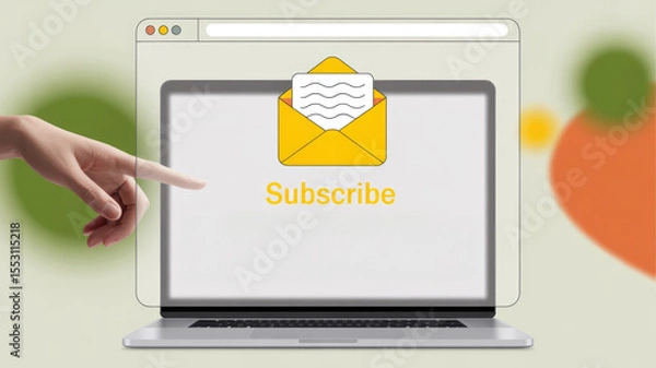 Fototapeta A laptop screen with a yellow envelope and a hand pointing to the word "subscribe" on the screen
