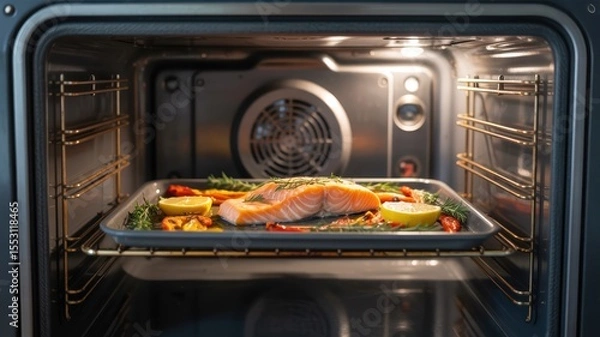 Fototapeta Baking salmon with vegetables and lemon in oven