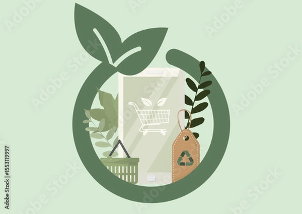 Fototapeta Eco friendly shopping concept with circular design featuring sustainable commerce elements. Green retail and environmental responsibility ideal for marketing campaigns. Flat style. Vector illustration