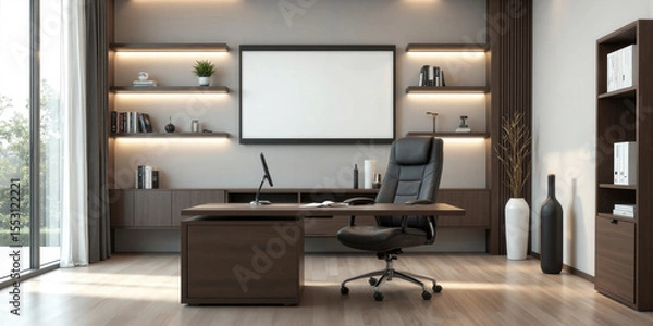 Fototapeta Minimalist office with a wooden desk, black chair, and floating shelves. Include a digital presentation board on one wall, providing