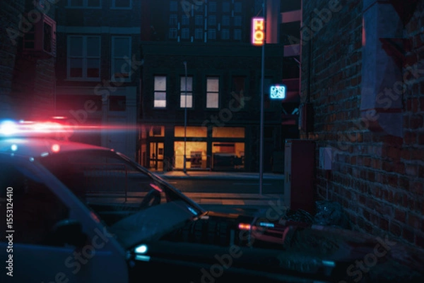 Fototapeta abandoned police car with flashing lights in a secluded courtxard. 3D Rendering