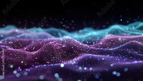 Fototapeta Abstract visualization of colorful waves with glowing particles in a dark background, creating a serene atmosphere