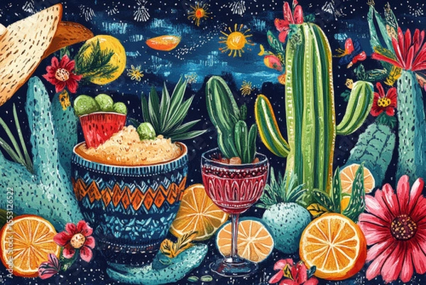 Obraz Mexican Fiesta: Vibrant Cactus Art. A vibrant illustration showcasing Mexican culture with cacti, oranges, and a rich, colorful palette against a dark, starry sky.