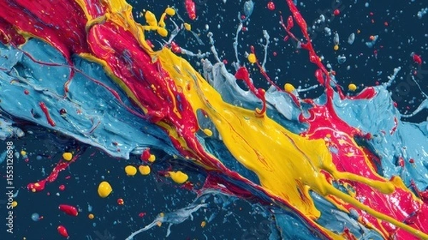 Fototapeta Vibrant splashes of paint in various colors creating an abstract artwork against a dark background
