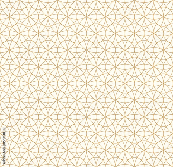 Obraz Seamless geometric pattern features a delicate lattice of interconnected hexagons and subtle floral motifs in a warm golden hue on a cream background. Ideal for sophisticated designs.
