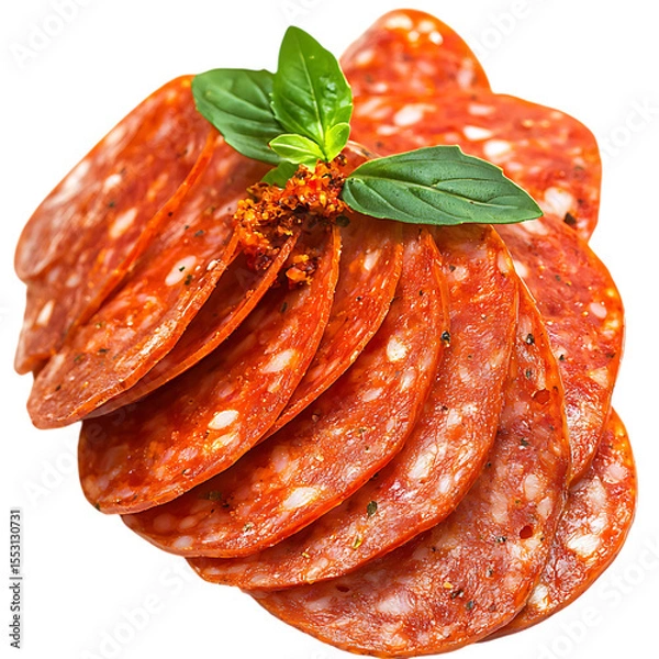 Obraz Slices of spicy pepperoni with basil and red pepper flakes are stacked isolated on white or transparent png